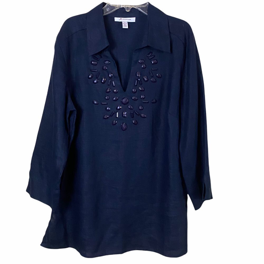JM Collection Lined Dark Navy/Black Tunic Beaded Top Size 8
